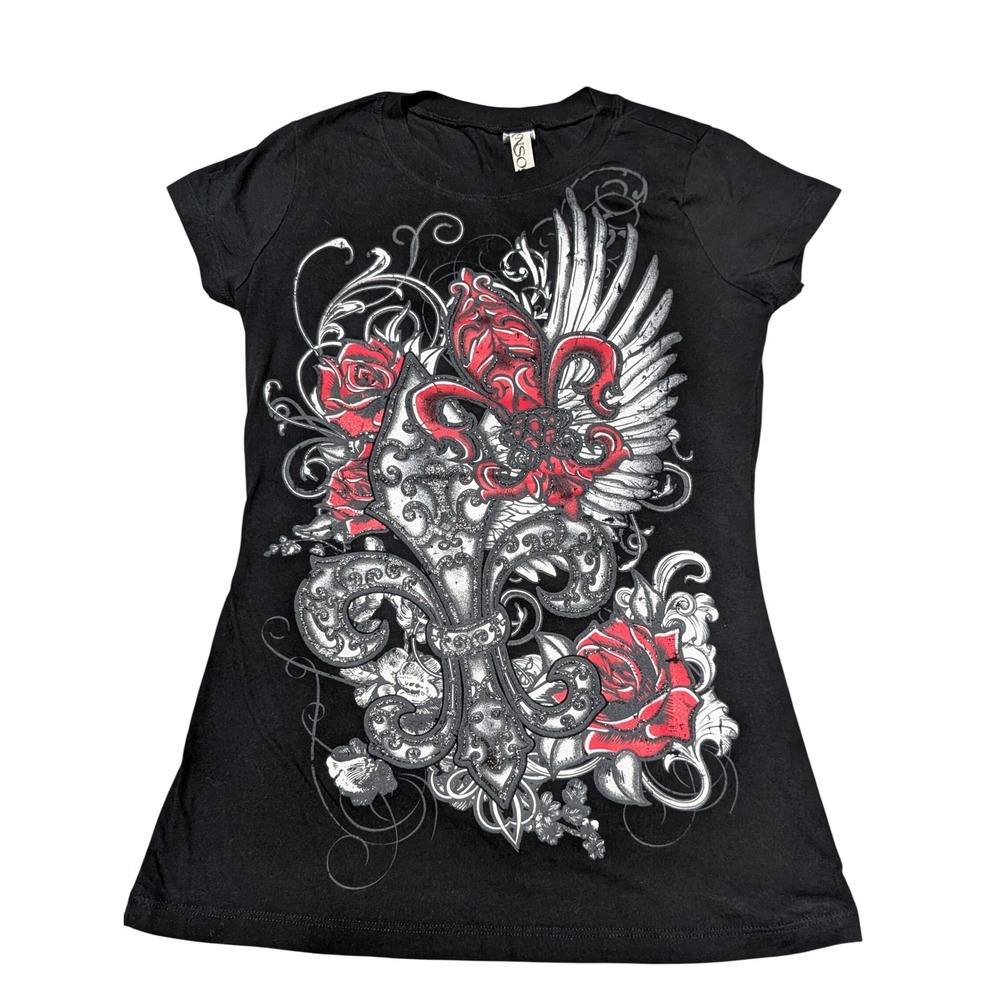 Vintage Ransom Tee Womens Size M Black Fleur De Lis Rose Grunge Edgy Rock Y2K